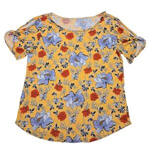 Loft Top Womens Medium Yellow Floral Cold Shoulder Short Sleeve 36 in Chest